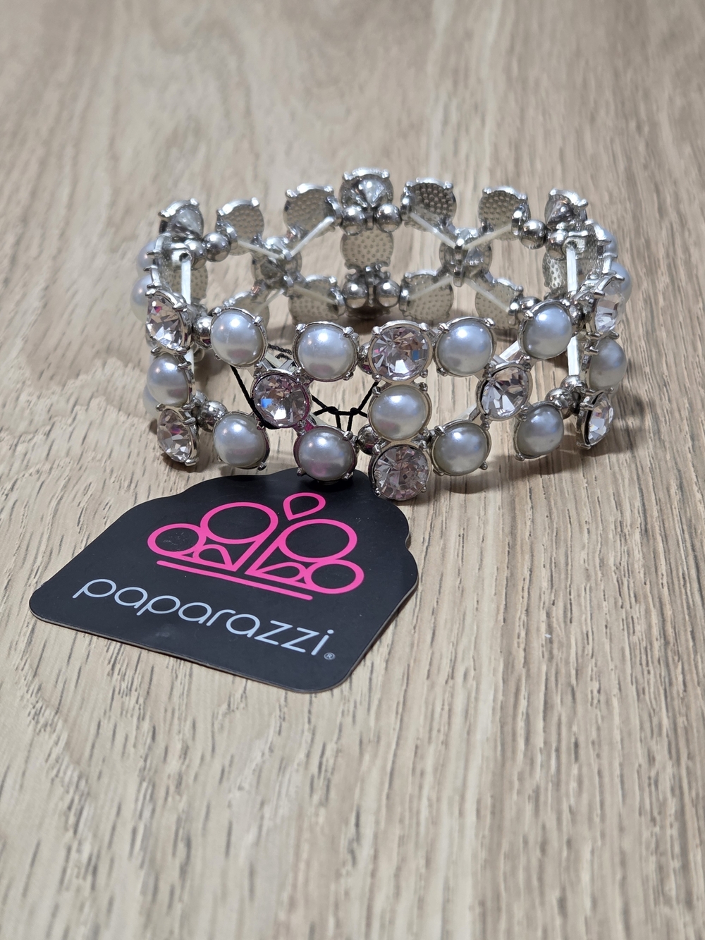 Paparazzi Silver Pearl and Crystal Stretch Bracelet - White Pearls